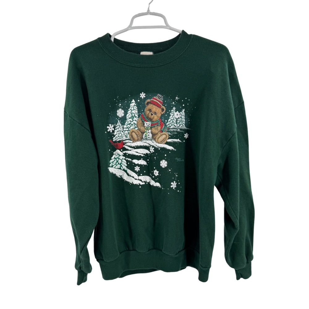 Northcrest Forest Green textured holiday bear Sweatshirt vintage XL snowflakes